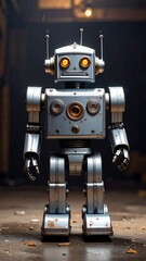 Retro metal robot with glowing eyes in dark room