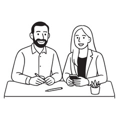 Hand drawn illustration of two business colleagues sitting at a desk.