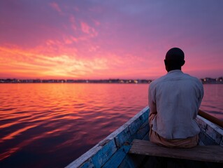 Fototapeta premium A man sitting in a boat watching the sunset