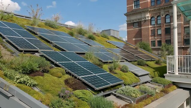 Photovoltaic Solar Panel Array Installed on Vegetated Rooftop Garden for Environmental Sustainability