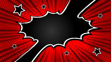 Pop art red black comics book cartoon magazine cover. Cartoon funny retro pattern star mock up. halftone illustration. Vintage backdrop for comic superhero text, speech bubble, message.