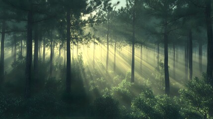 A dense pine forest at sunrise with shafts of light piercing through emerald foliage 
