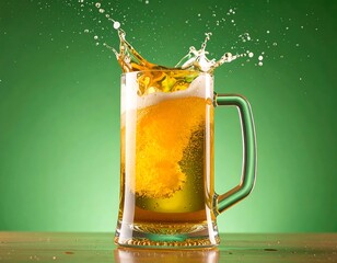 Frothy beer in a glass mug, splashing against a vibrant green background