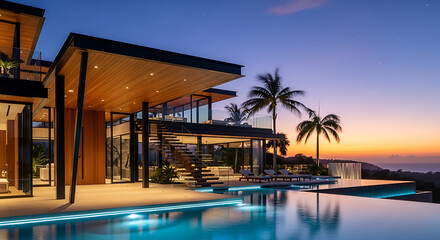 Fototapeta premium Luxury modern villa with infinity pool and stunning sunset views, perfect for vacations and real estate marketing
