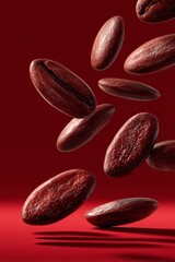 Obraz premium premium roasted coffee beans captured in mid-air, deep red background, brand visual for coffee commercial