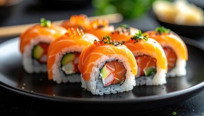Vibrant Salmon Sushi Rolls with Caviar Topping on Black Plate Food Photography