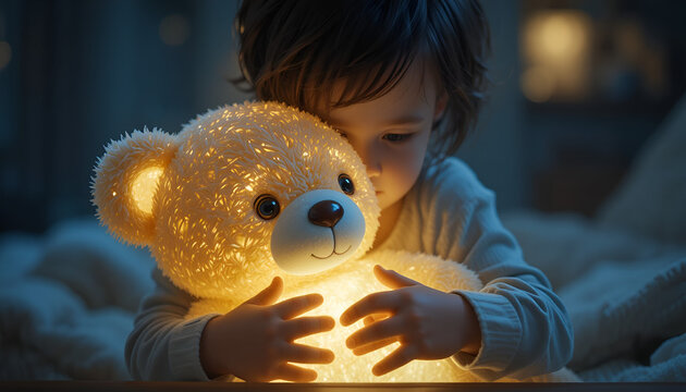 A childs face is nestled against a brightly glowing teddy bear, their eyes closed in peaceful slumber, surrounded by a soft, warm light