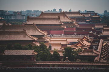 An aerial view showcases the grandeur of The Palace Museum, Beijing. The rooftops with their intricate design dominates the scene.