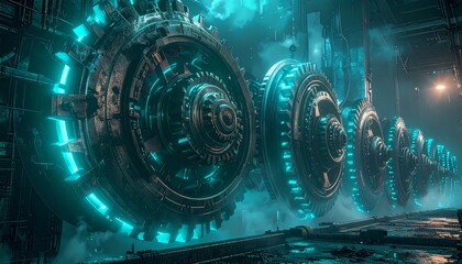 Fototapeta premium Futuristic Sci-Fi Engine with Glowing Blue-Green Lights and Intricate Mechanical Details.