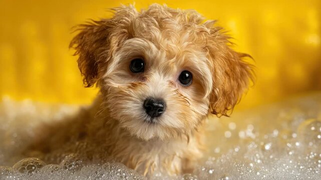 A wet, fluffy, small dog puppy with brown fur and big dark eyes in a sudsy bath