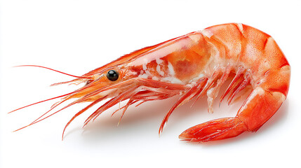 Single cooked shrimp, perfectly isolated on a clean white background, high-resolution, realistic, detailed texture, professional food photography style