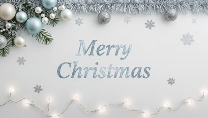 Elegant Merry Christmas greeting with shimmering silver and blue ornaments, sparkling snowflakes, and warm festive lights on a clean white background.