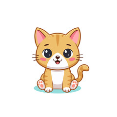 Fototapeta premium A cute cartoon kitten with orange stripes sits upright, smiling with big eyes and pink cheeks.