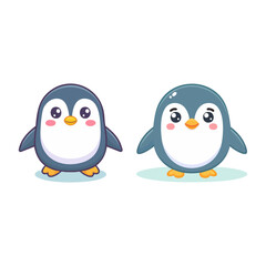 Naklejka premium Two cartoon penguins stand side-by-side, depicted with large eyes, rosy cheeks, and small orange beaks, against a white background.