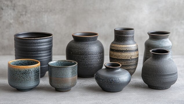 Group of various ceramic vases and vessels on neutral background