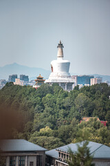 View of a white pagoda, The Palace Museum, Beijing, amidst greenery and buildings, under a hazy...