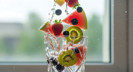 Refreshing Fruit Explosion Water Splash with Watermelon Kiwi Strawberries and Blueberries