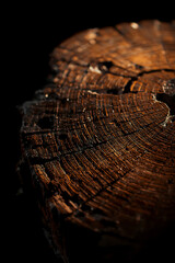 A cinematic photo features ultra-realistic oud wood on a black background, with high-contrast photography accentuating its intricate grain patterns and textures. Warm golden light enhances its natural