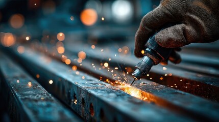 Welder's hand with torch, sparks flying. Metal beams