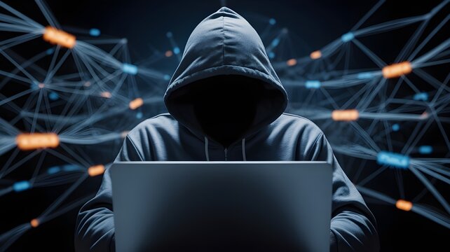 Anonymous hacker in hoodie using laptop with digital data and network connections in background - Powered by Adobe