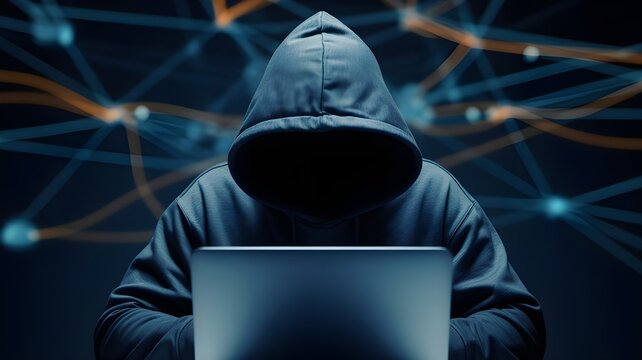 Anonymous hacker in hoodie using laptop with digital data and network connections in background