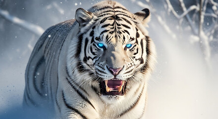Majestic White Tiger Portrait in Winter Snow Fierce Animal in Nature