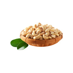 Basket of fresh cashew nut with leaf on transparent background