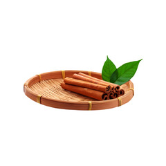 Basket of fresh cinnamon spice with green leaf on transparent background