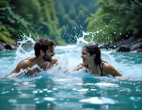 A couple splashing in a clear blue water pool surrounded by lush greenery