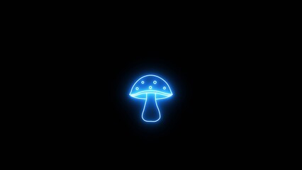 Mushrooms grow in the forest sign. Neon mushroom character standing alone on black background.