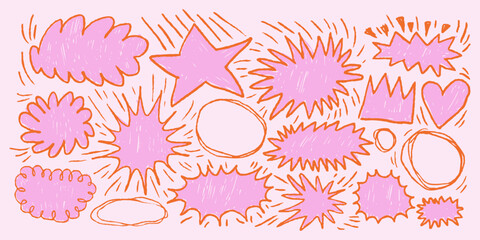Girly pink speech bubbles, stars, hearts, crowns, frames in girly sketch style. Angular starburst forms, highlight shapes for notes. Kids drawing chalkboard doodles.