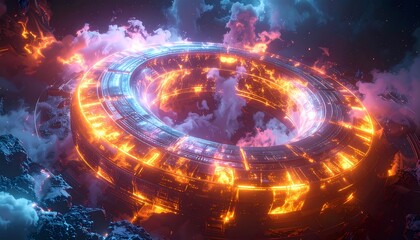 Obraz premium Abstract Glowing Ring with Fire and Smoke in Dark Space.