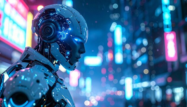 A futuristic AI robot with glowing blue eyes stands in a neon-lit cyberpunk city, symbolizing advanced technology, artificial intelligence, and a dynamic urban future