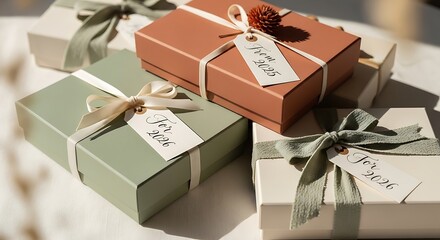 A collection of elegantly wrapped gift boxes in muted earthy tones with ribbons and 'For 2024' tags, ready for presents.