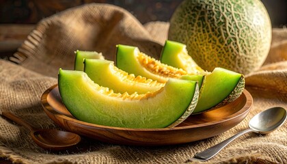 Close-up shot of sliced cantaloupe on a wooden plate with burlap background