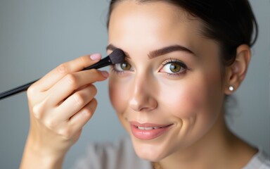 Beautiful woman using brush for eyebrow. Makeup combs eyebrows with a brush. Professional makeup and cosmetology face care. High quality