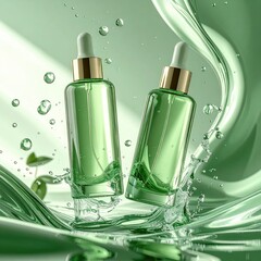 Two green serum bottles with golden caps, surrounded by water and green fabric