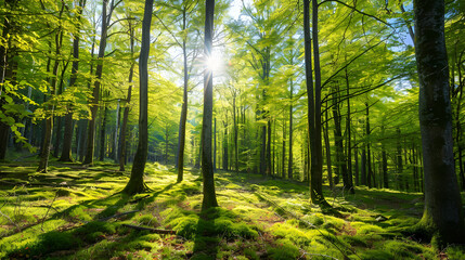 Morning sunlight streaming through green forest trees creating peaceful nature path