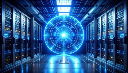 Futuristic data center with a glowing blue digital sphere at its center, representing advanced technology and network connectivity