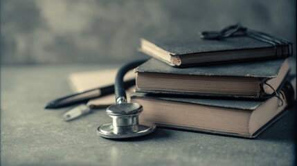 Vintage medical books with stethoscope on a textured surface for healthcare and education themes in a professional setting