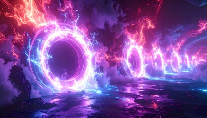 Obraz premium Abstract Neon Light Portals in a Dark Reflective Environment.