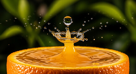 Vibrant Orange Slice with Splashing Water Droplet Refreshing Citrus Still Life