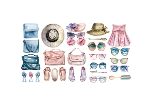 set of sunglasses, hats, handbags, and shoes, watercolor illustr