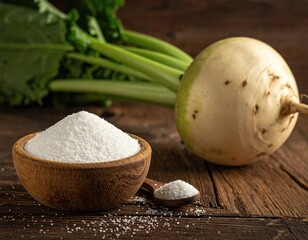 Sugar bowl, beet, spoon, and beet leaves on rustic wood surface