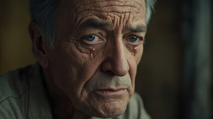 Elderly man deeply saddened, shedding tears of sorrow and pain, experiencing profound emotional distress and grief.