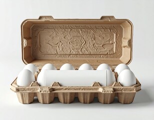 An open carton of white eggs, partially obscured by a white object, on white