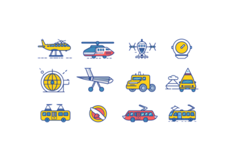 set of transportation icons airplane, train, bus, ship, minimal