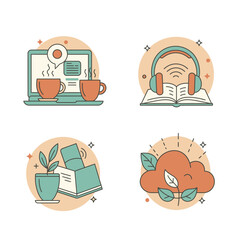 Modern line art icons illustrating contemporary lifestyle themes: remote work, digital education, personal growth, and environmental well-being.