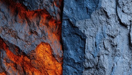 Textured split design showing a fiery, orange left side and cool, blue right side rock face