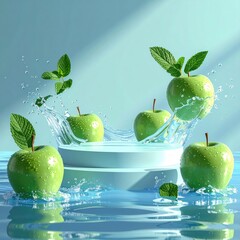Fresh green apples with mint, water splash and light blue background
